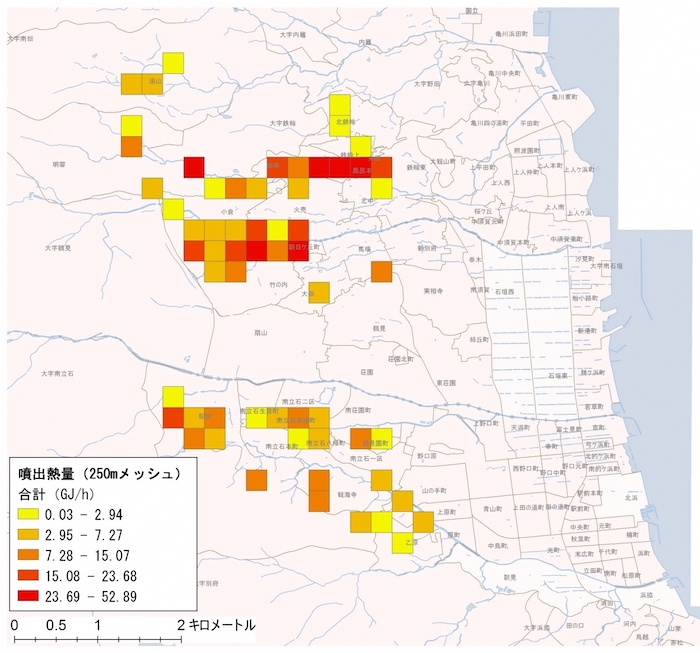 250m×250m区画内の噴出熱量